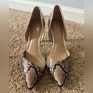 Pointed Toe Mix No. 6 Pumps in Snake Print and Nude